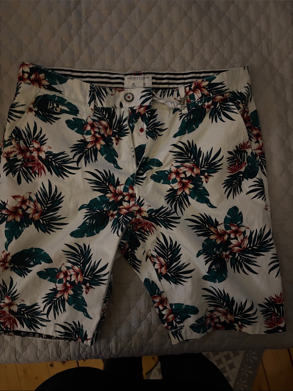 Denim & Flower White Shorts with Green and Red Floral Print